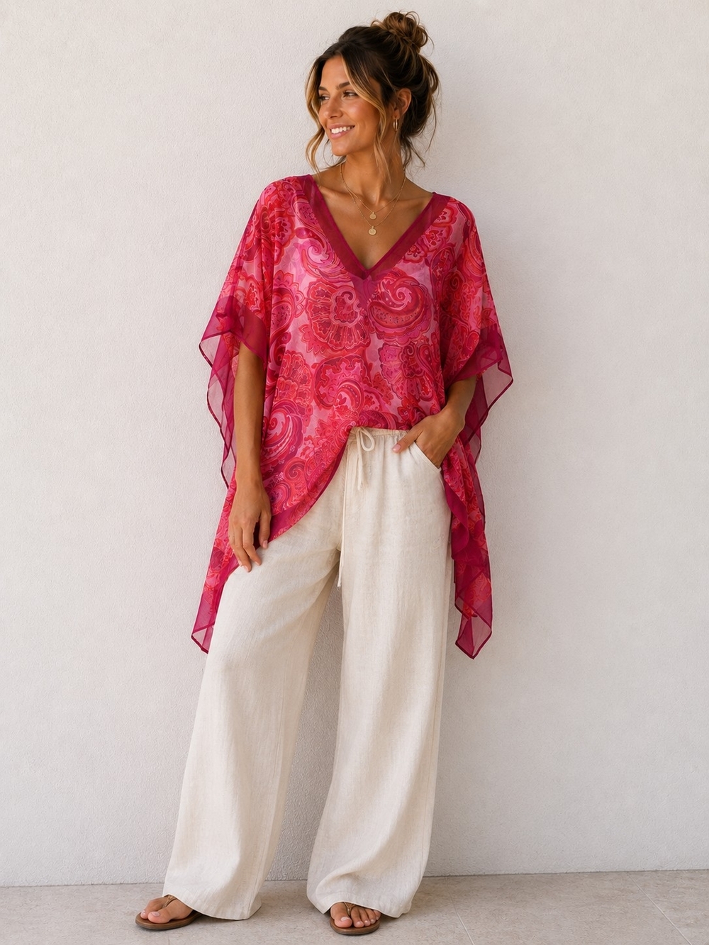 Ralph Lauren Pink Paisley V-Neck Sheer Tunic